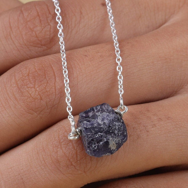 Raw Iolite Pendant, 925 Sterling Silver Necklace, Rough Gemstone Pendant, Pendant With Chain, Boho Jewelry, Handmade Necklace, Gift for Her