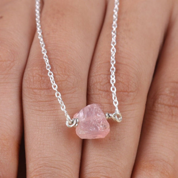 Raw Rose Quartz Pendant, 925 Sterling Silver Necklace, Pink Gemstone Pendant, Pendant With Chain, Rough Crystal Necklace, Pendant for Women