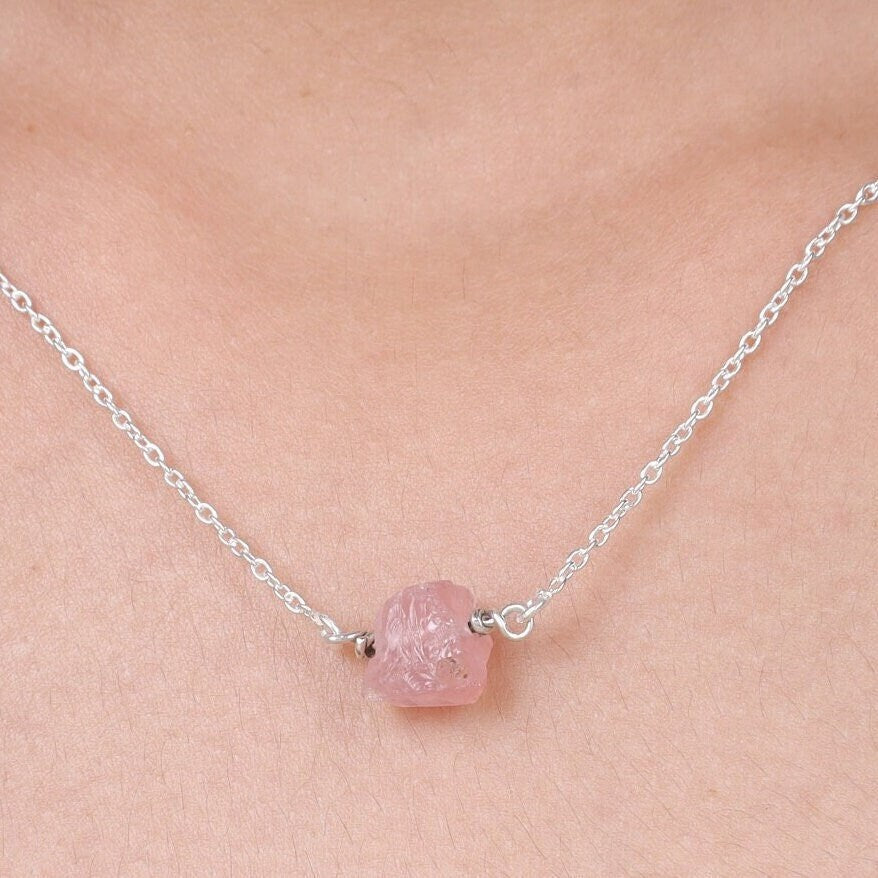 Raw Rose Quartz Pendant, 925 Sterling Silver Necklace, Pink Gemstone Pendant, Pendant With Chain, Rough Crystal Necklace, Pendant for Women