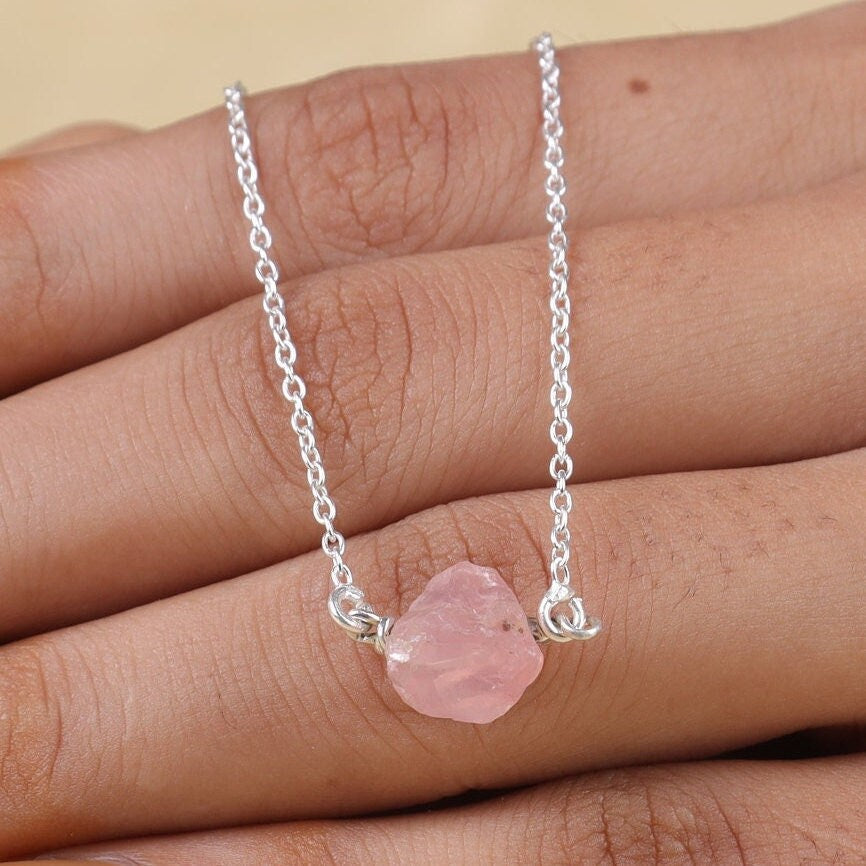 Raw Rose Quartz Pendant, 925 Sterling Silver Necklace, Pink Gemstone Pendant, Pendant With Chain, Rough Crystal Necklace, Pendant for Women