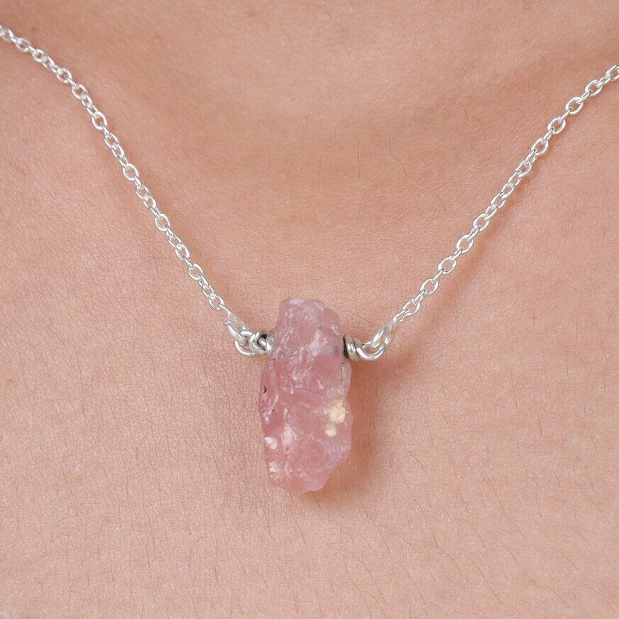 Raw Rose Quartz Pendant, 925 Sterling Silver Pendant, January Birthstone, Rough Gemstone Necklace, Minimalist Jewelry, Raw Crystal Necklace