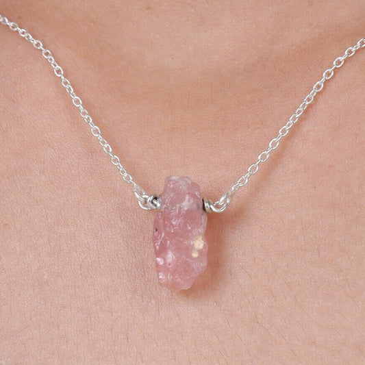 Raw Rose Quartz Pendant, 925 Sterling Silver Pendant, January Birthstone, Rough Gemstone Necklace, Minimalist Jewelry, Raw Crystal Necklace