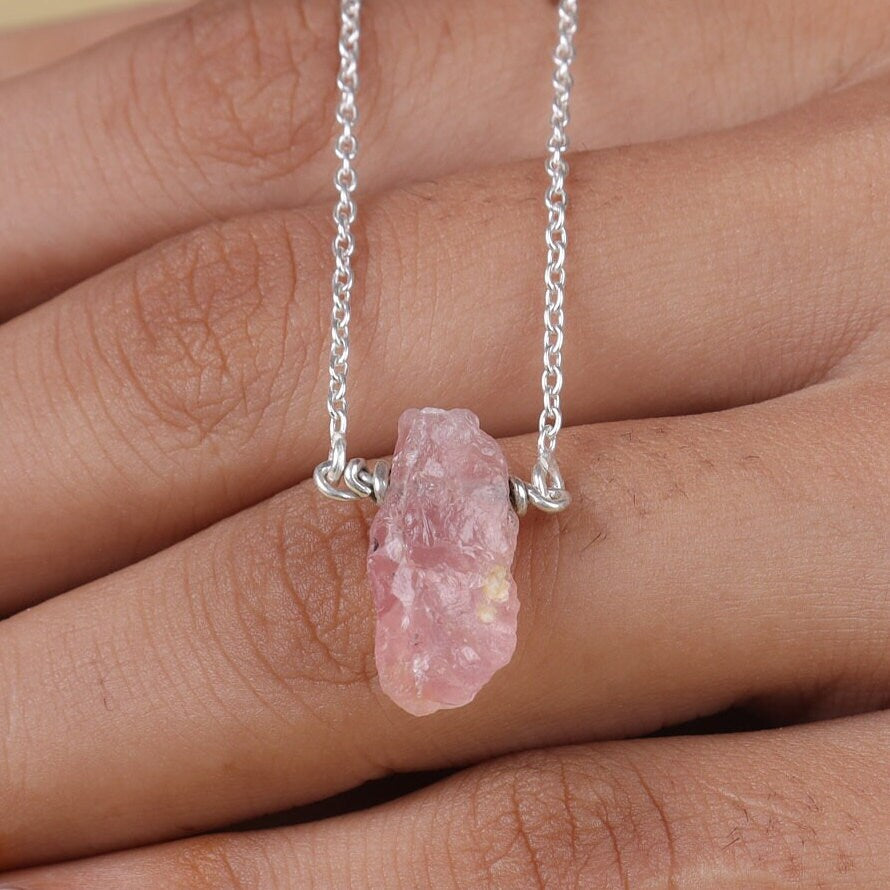 Raw Rose Quartz Pendant, 925 Sterling Silver Pendant, January Birthstone, Rough Gemstone Necklace, Minimalist Jewelry, Raw Crystal Necklace