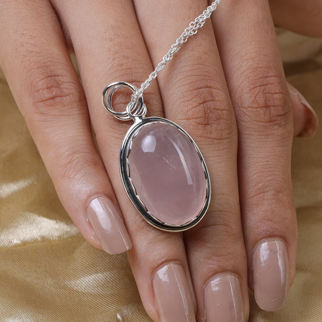 Rose Quartz Pendant, 925 Sterling Silver Pendant, Oval Shaped Pendant, Gemstone Necklace, Handmade Pendant, Birthstone Pendant, Gift for Her