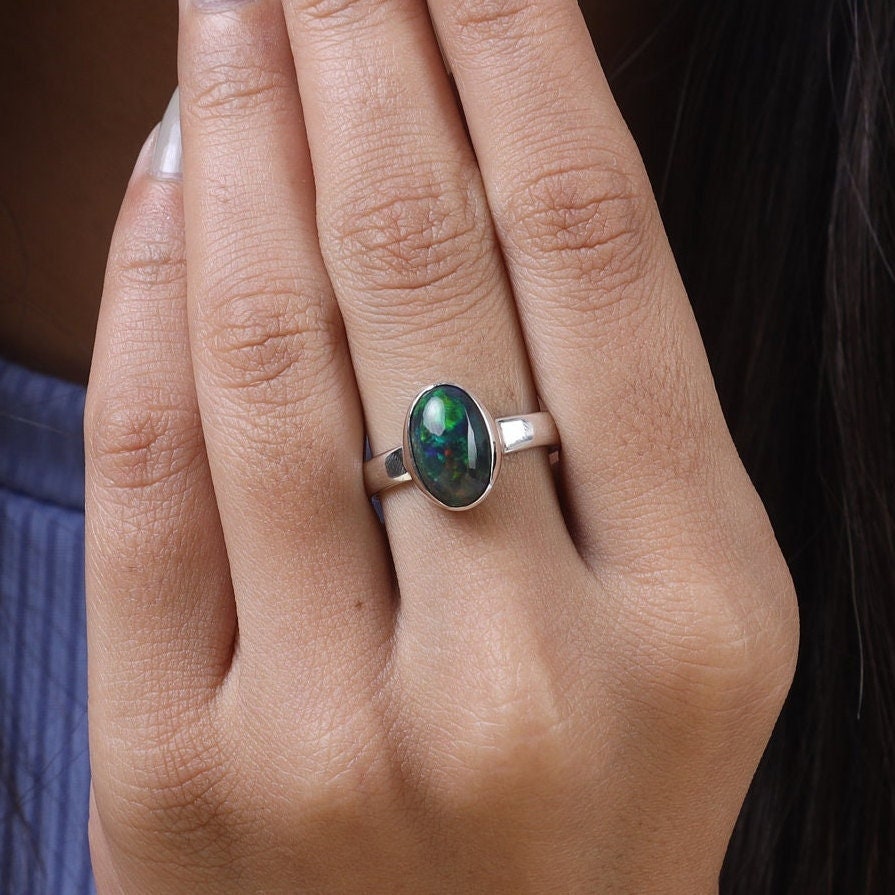 Black Opal Ring Sterling Silver Ring