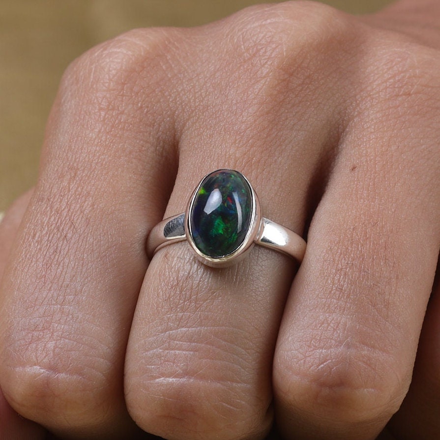 Black Opal Ring Sterling Silver Ring