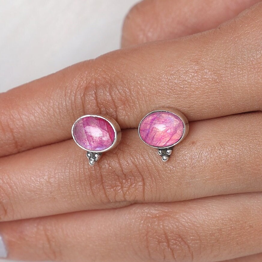 Pink Rainbow Moonstone Sterling Silver Stud Earrings