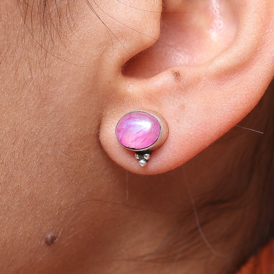 Pink Rainbow Moonstone Sterling Silver Stud Earrings