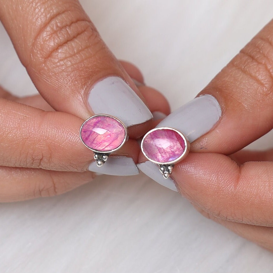 Pink Rainbow Moonstone Sterling Silver Stud Earrings