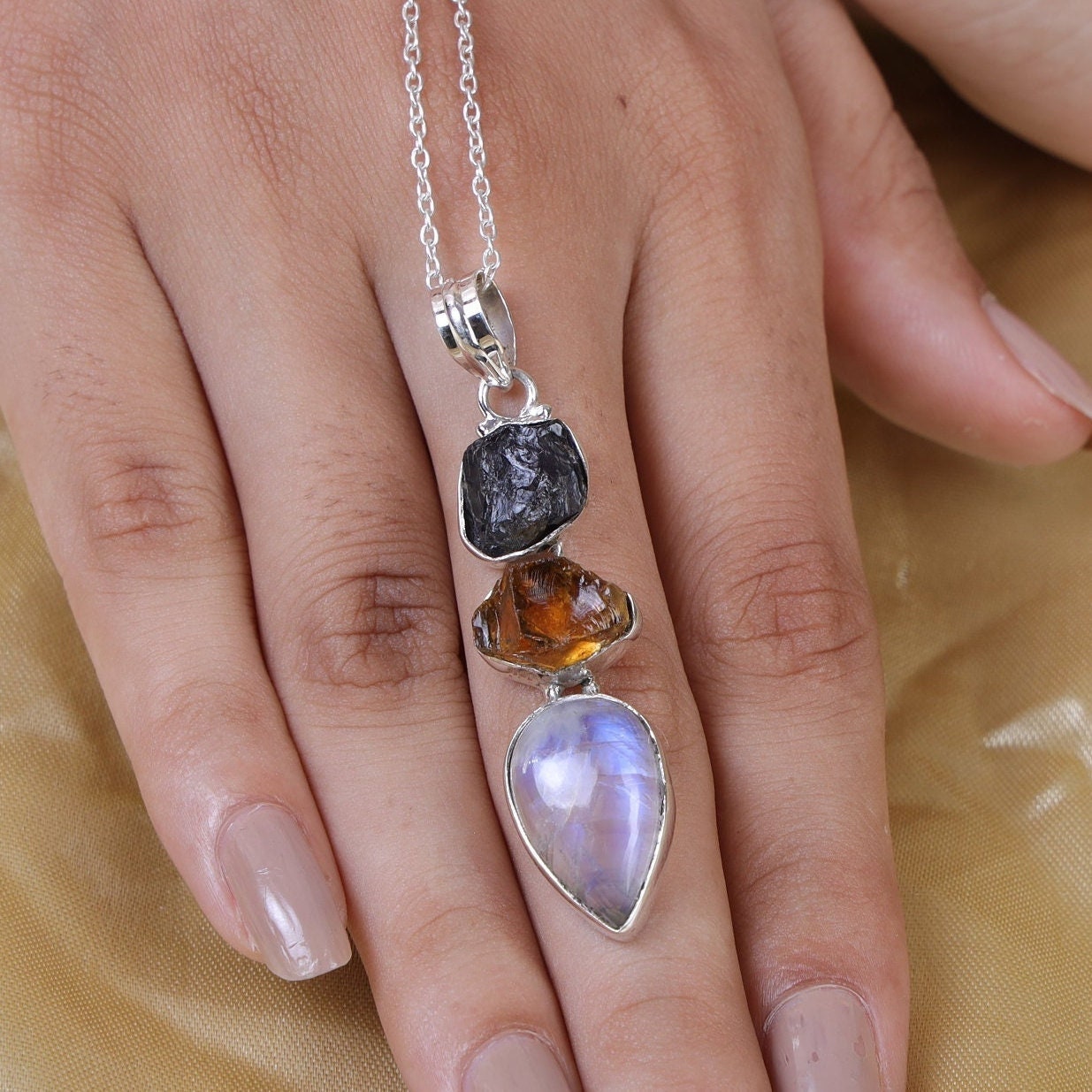 Rainbow Moonstone, Raw Citrine & Raw Tourmaline Sterling Silver Pendant