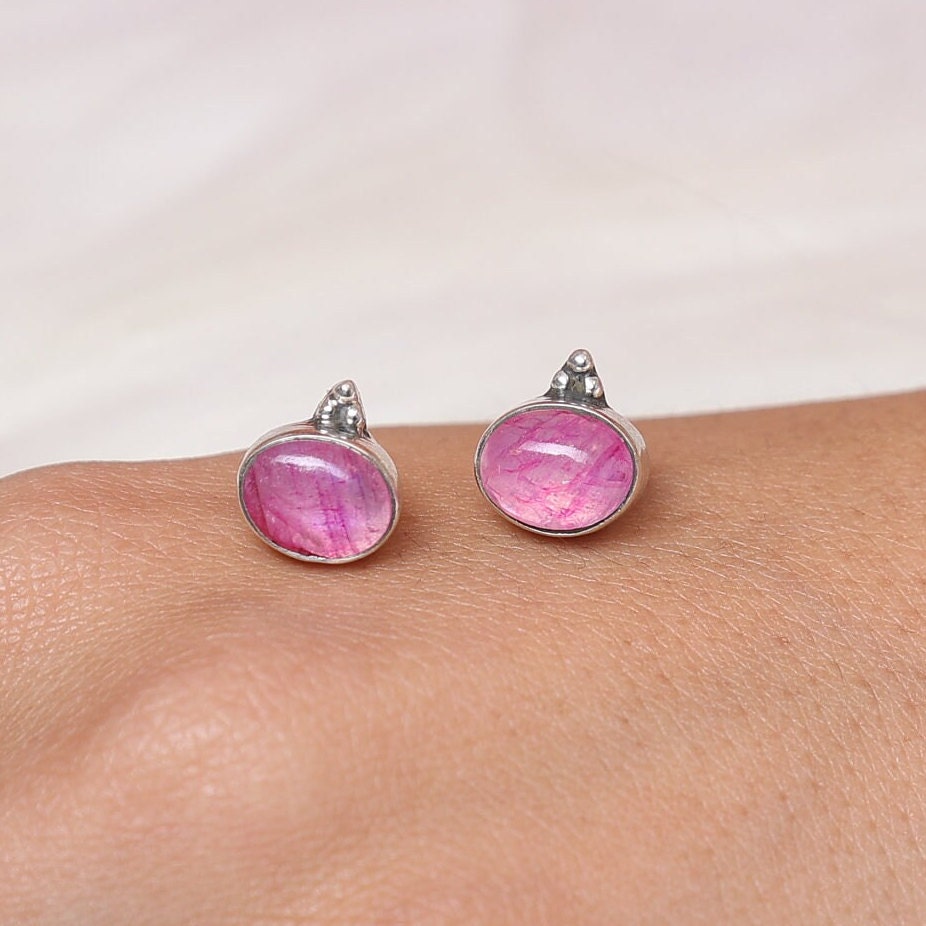 Pink Rainbow Moonstone Sterling Silver Stud Earrings