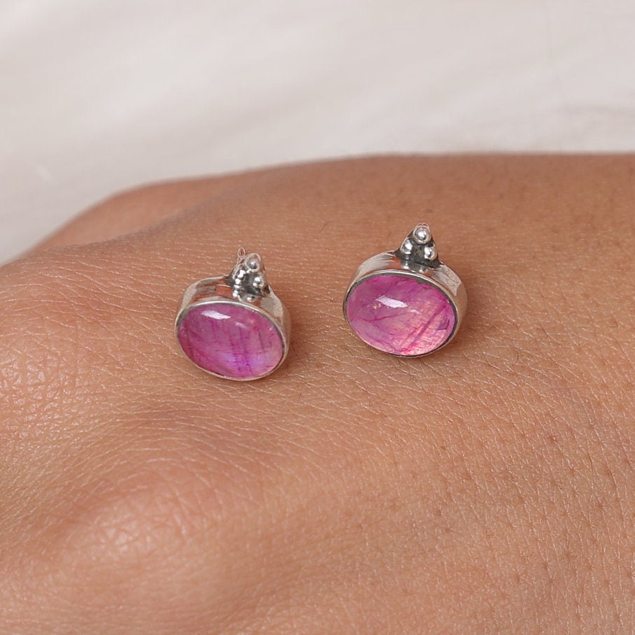 Pink Rainbow Moonstone Sterling Silver Stud Earrings