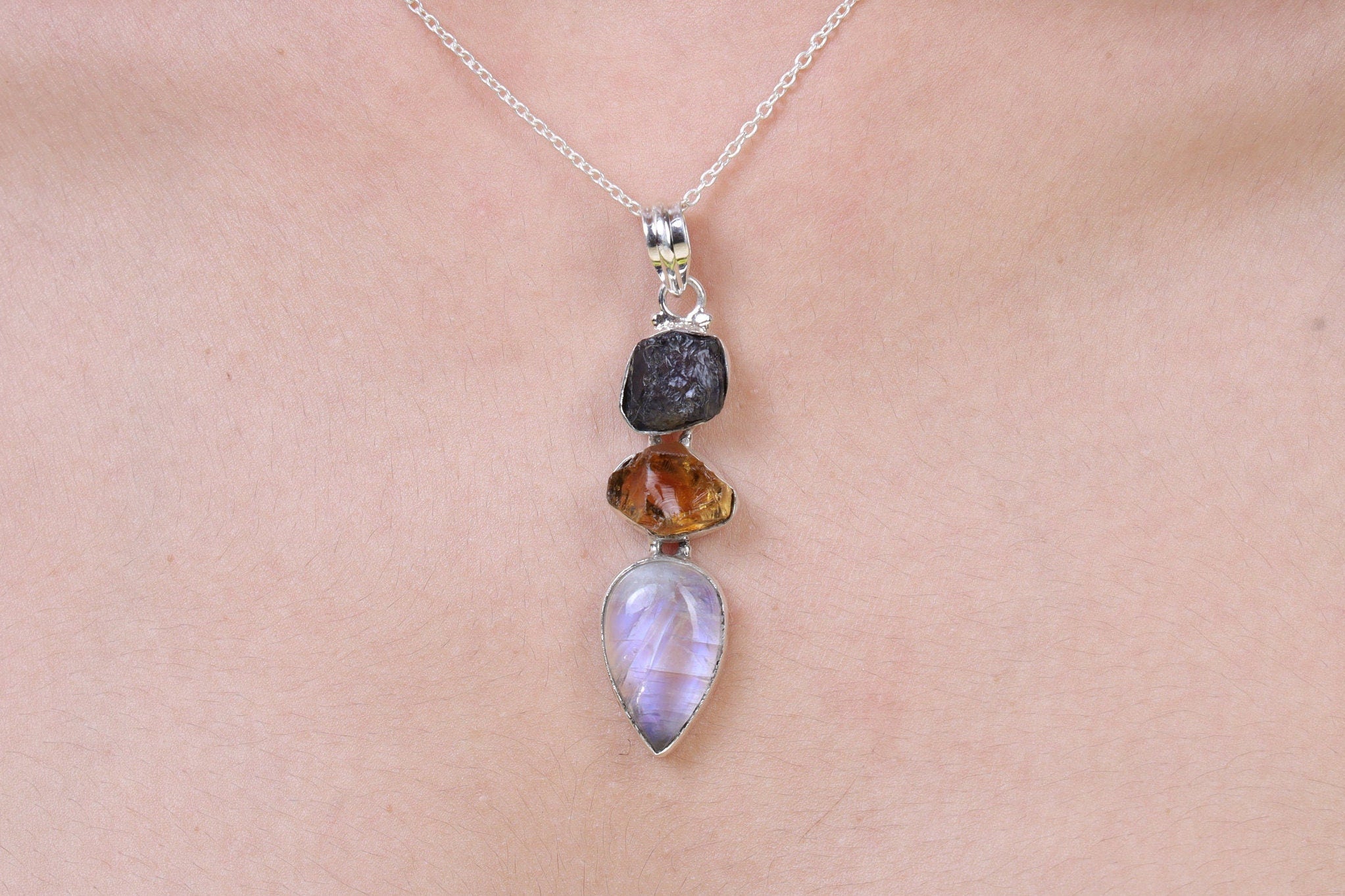 Rainbow Moonstone, Raw Citrine & Raw Tourmaline Sterling Silver Pendant