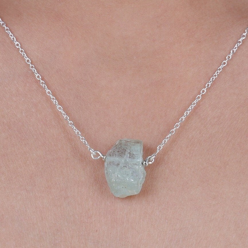 Raw Aqua Chalcedony Sterling Silver Necklace