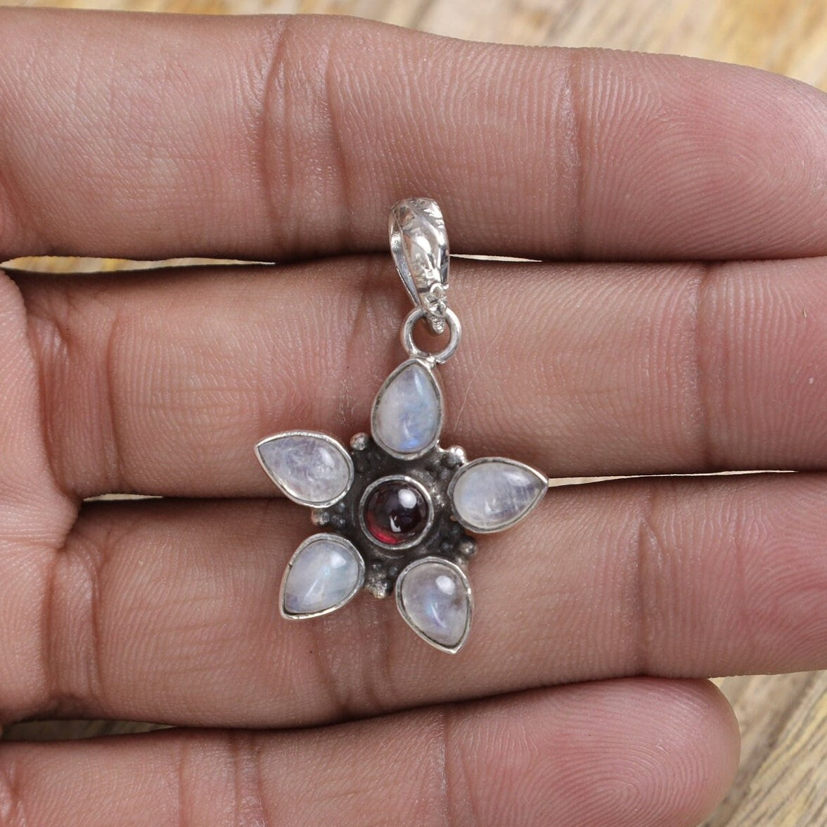 Rainbow Moonstone & Garnet Sterling Silver Pendant