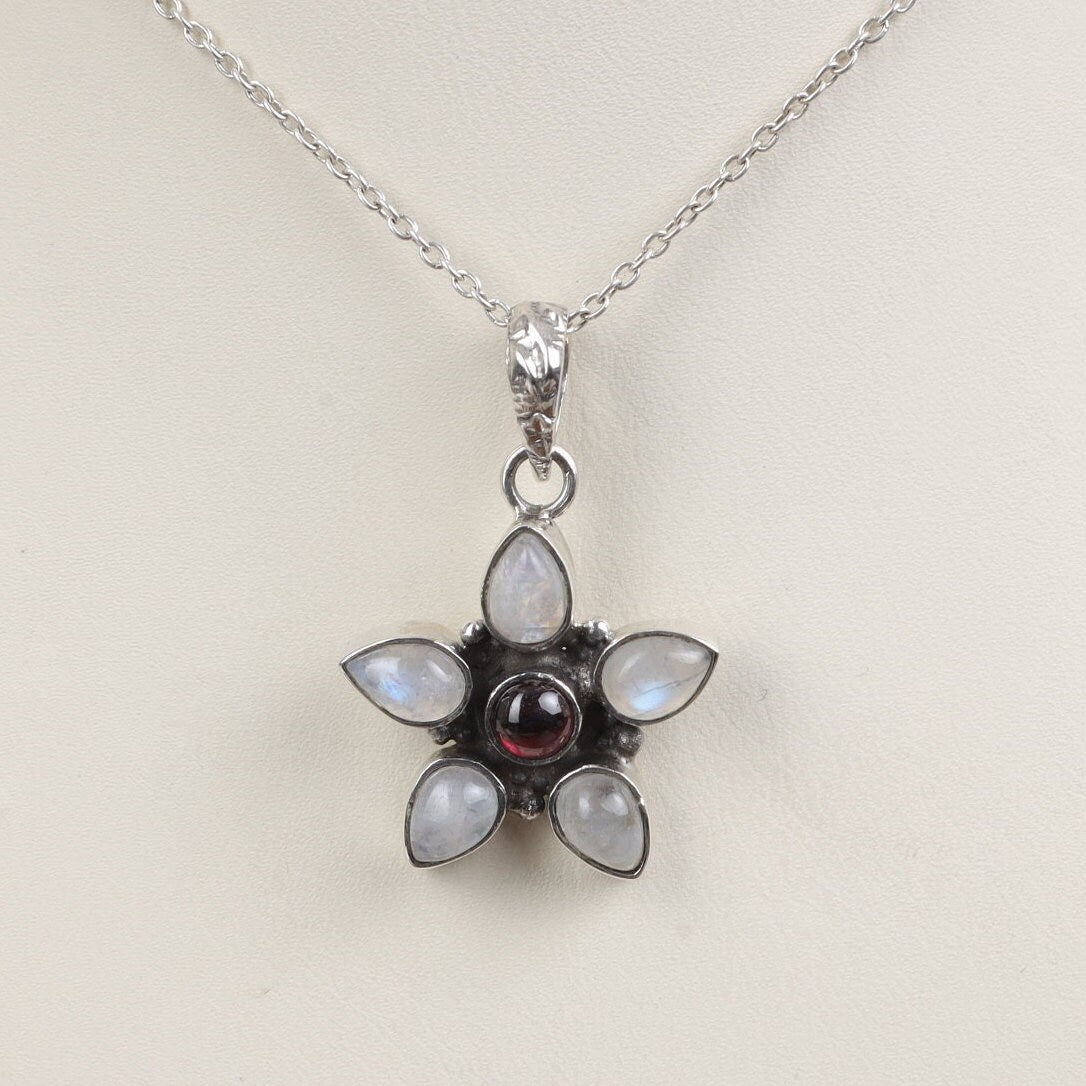 Rainbow Moonstone & Garnet Sterling Silver Pendant