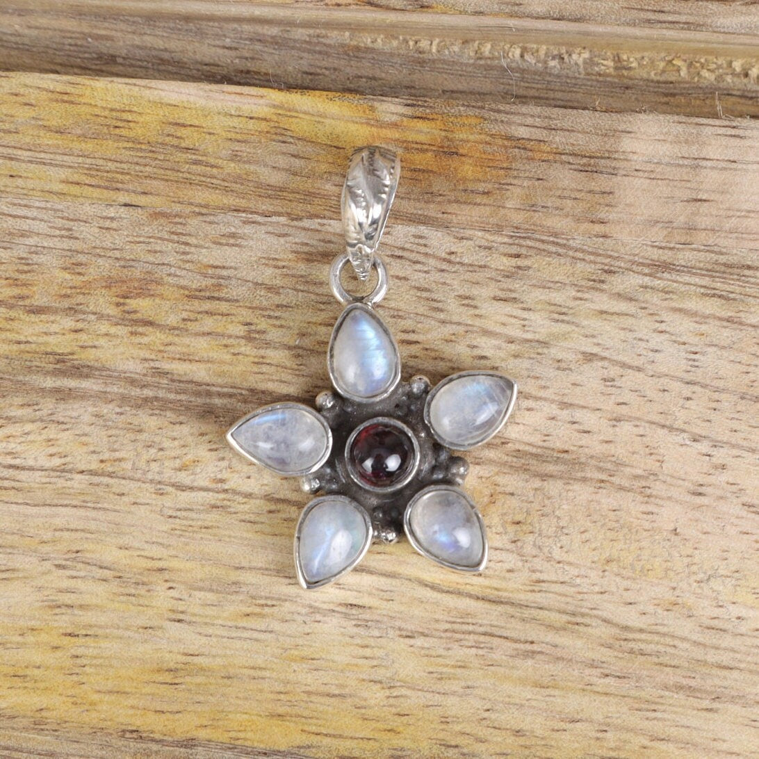 Rainbow Moonstone & Garnet Sterling Silver Pendant