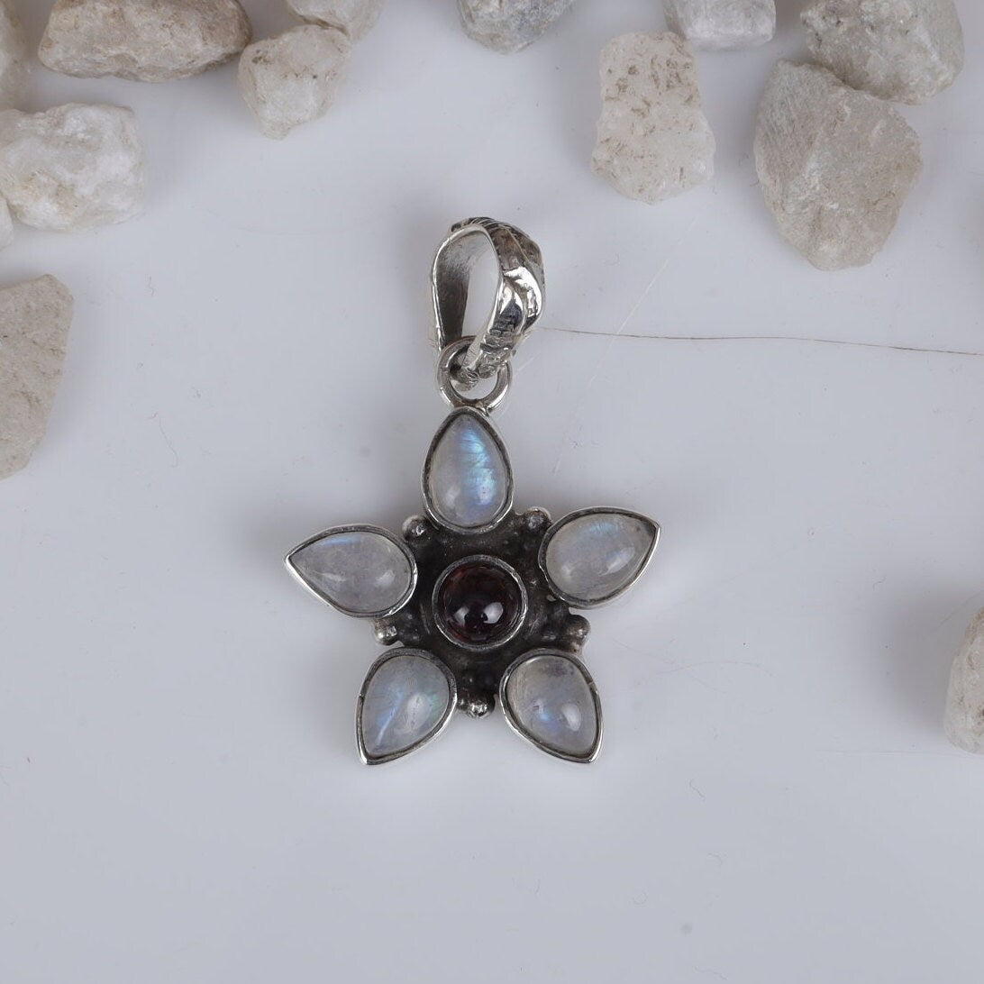 Rainbow Moonstone & Garnet Sterling Silver Pendant