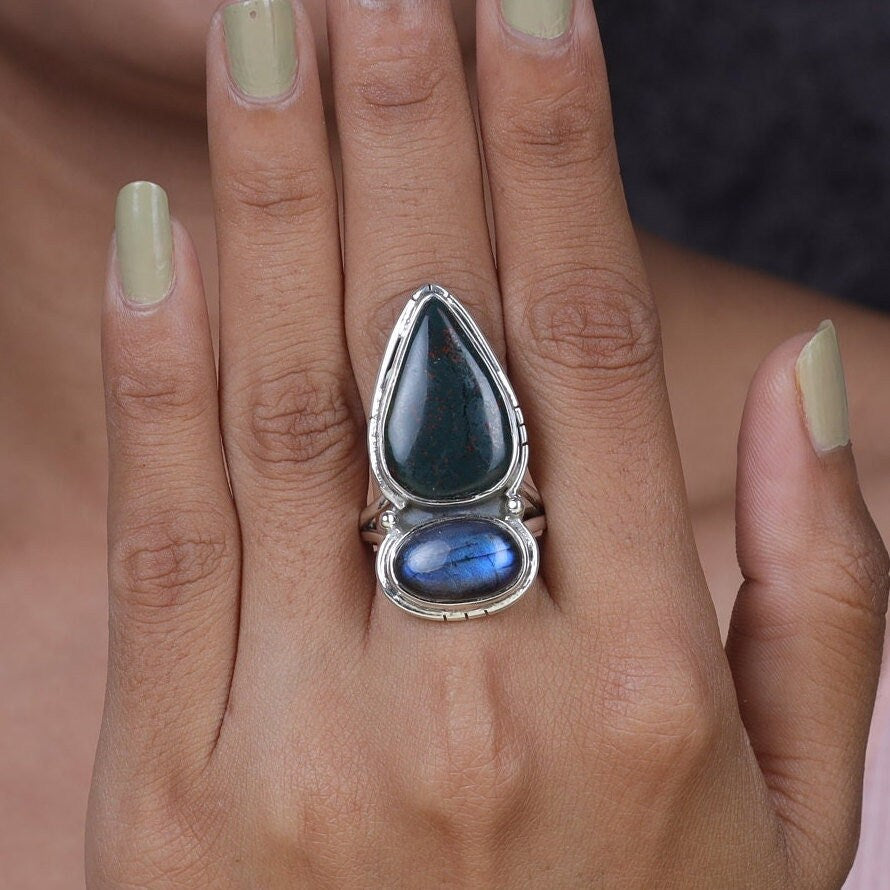 Bloodstone & Labradorite 925 Sterling Silver Ring