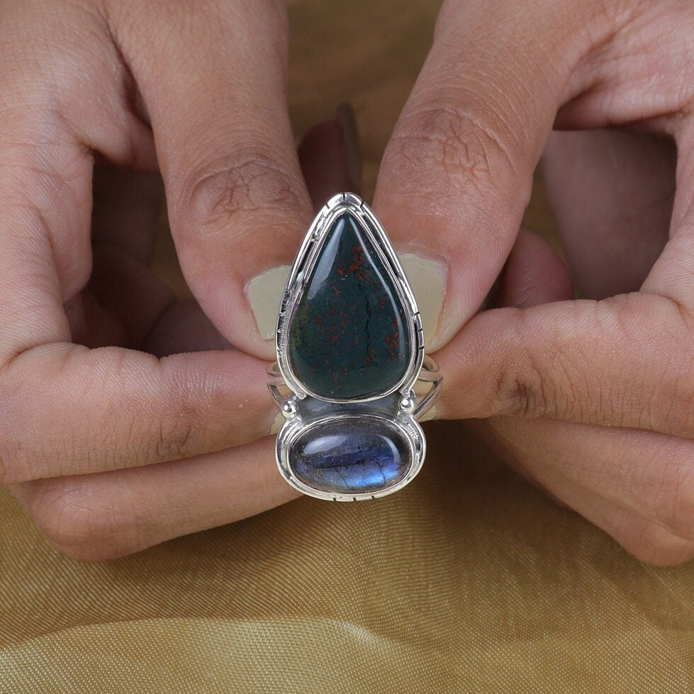 Bloodstone & Labradorite 925 Sterling Silver Ring