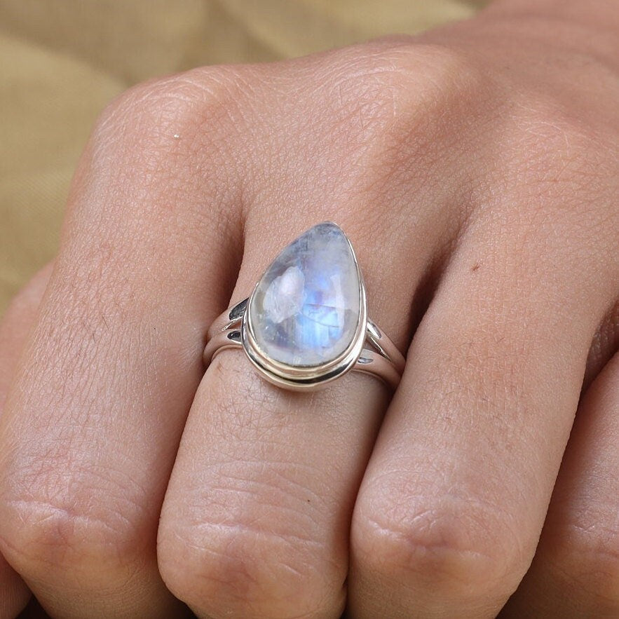 Rainbow Moonstone Sterling Silver Ring