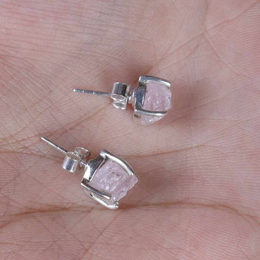 Raw Rose Quartz Sterling Silver Stud Earrings