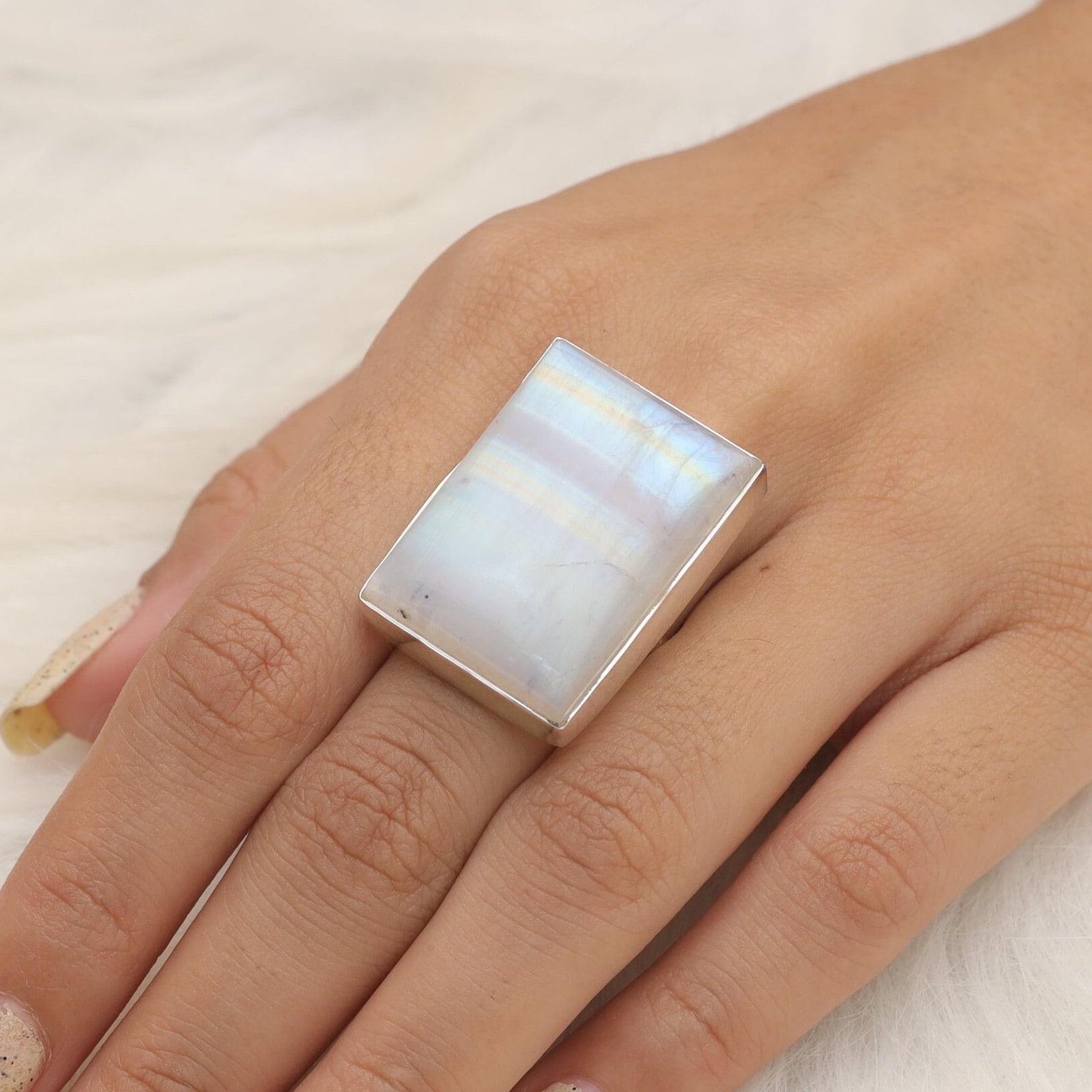 Rainbow Moonstone Sterling Silver Ring