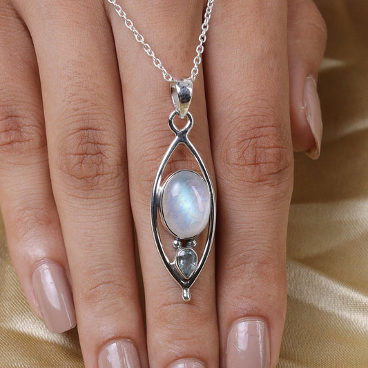 Rainbow Moonstone & Blue Topaz Sterling Silver Pendant