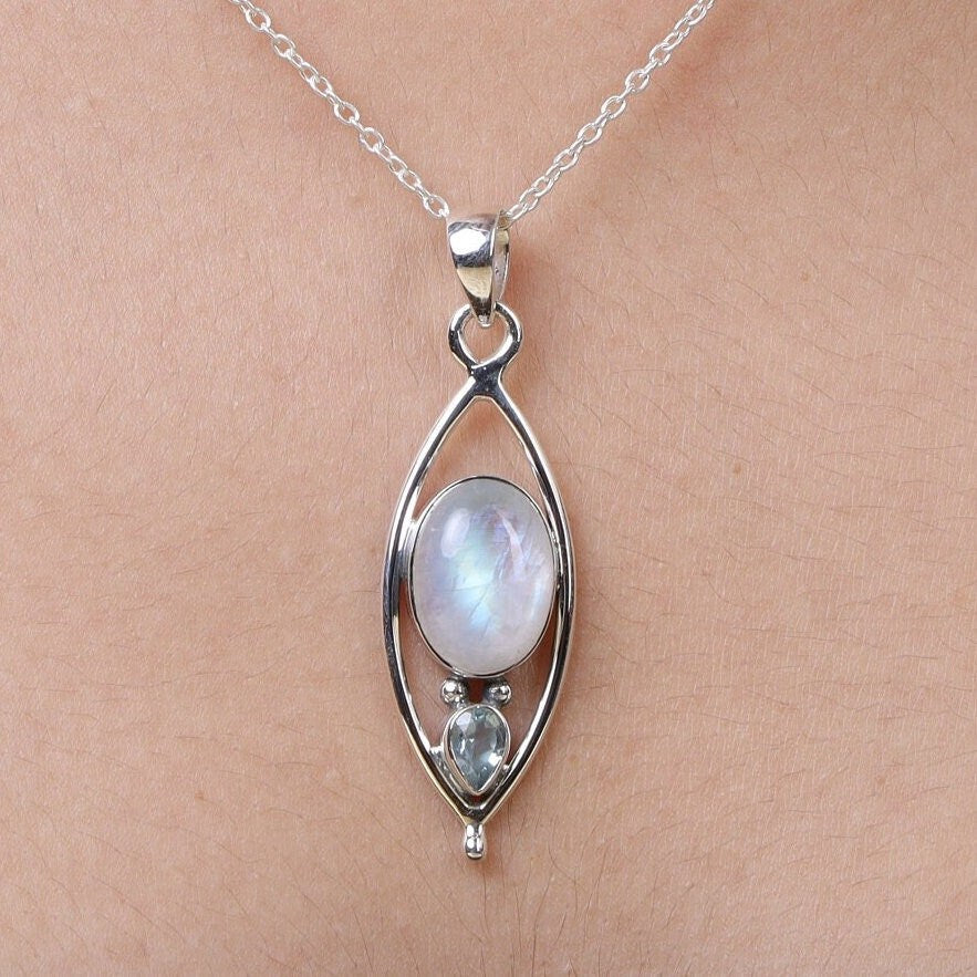 Rainbow Moonstone & Blue Topaz Sterling Silver Pendant