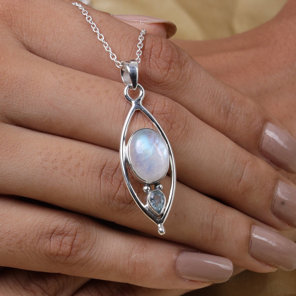 Rainbow Moonstone & Blue Topaz Sterling Silver Pendant