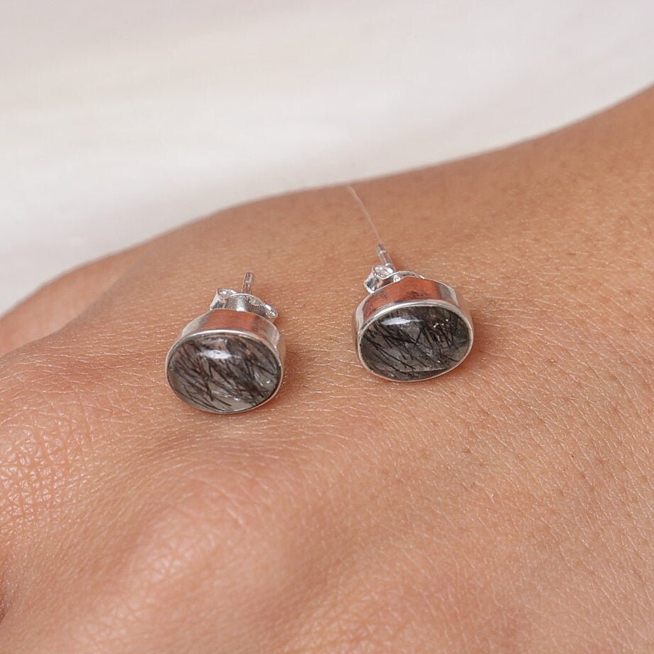 Black Rutile Quartz Sterling Silver Stud Earrings