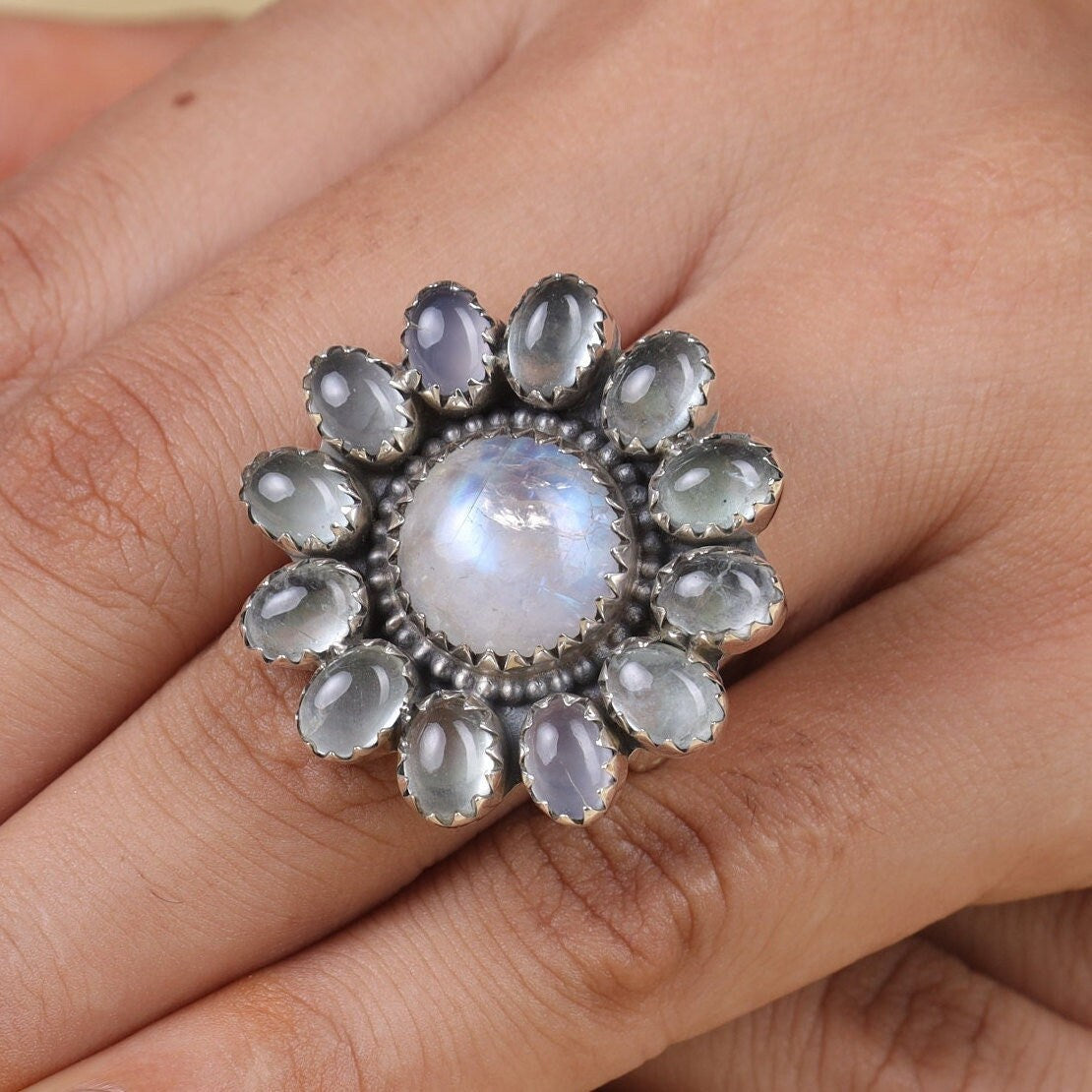 Rainbow Moonstone & Aquamarine Sterling Silver Ring