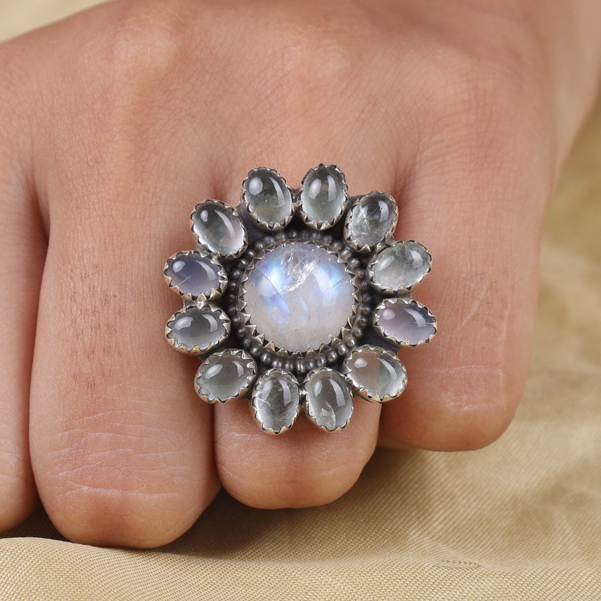 Rainbow Moonstone & Aquamarine Sterling Silver Ring