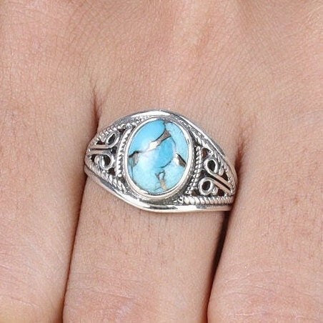 Blue Copper Turquoise Ring 925 Sterling Silver Ring