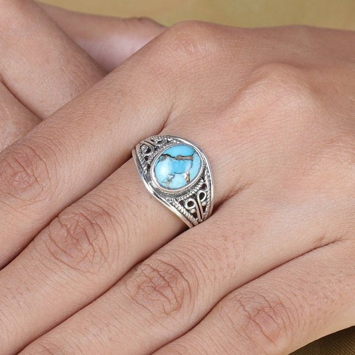 Blue Copper Turquoise Ring 925 Sterling Silver Ring