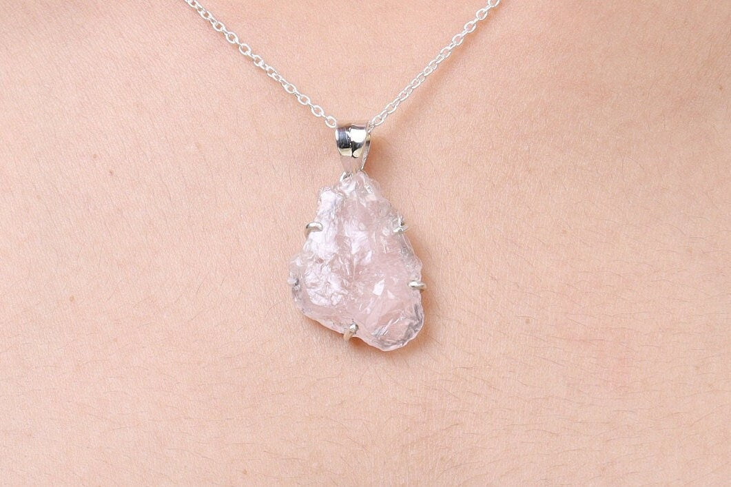 Raw Rose Quartz Pendant, 925 Sterling Silver Pendant, Raw Crystal Necklace, Handmade Pendant, Boho Necklace, January Birthstone Necklace