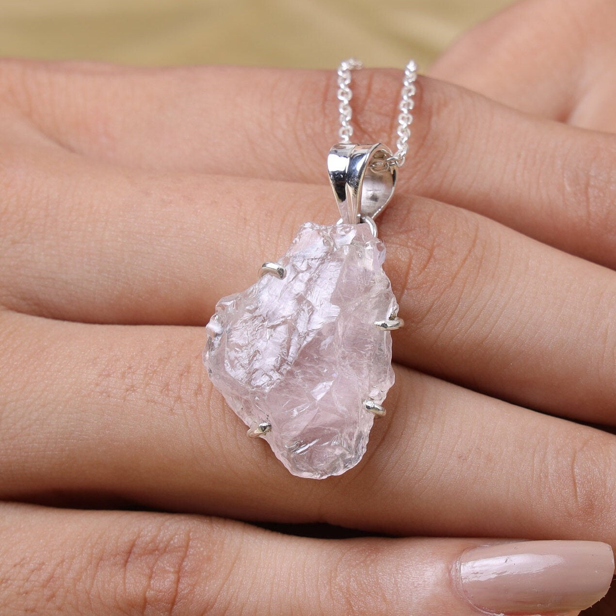 Raw Rose Quartz Pendant, 925 Sterling Silver Pendant, Raw Crystal Necklace, Handmade Pendant, Boho Necklace, January Birthstone Necklace