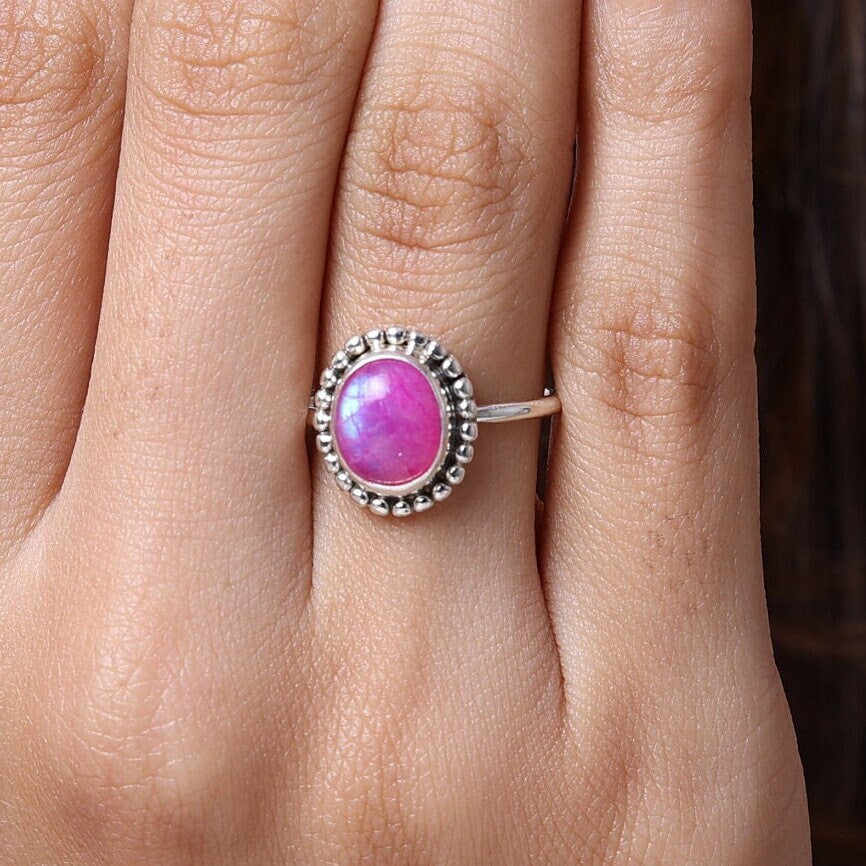 Pink Rainbow Moonstone Sterling Silver Ring