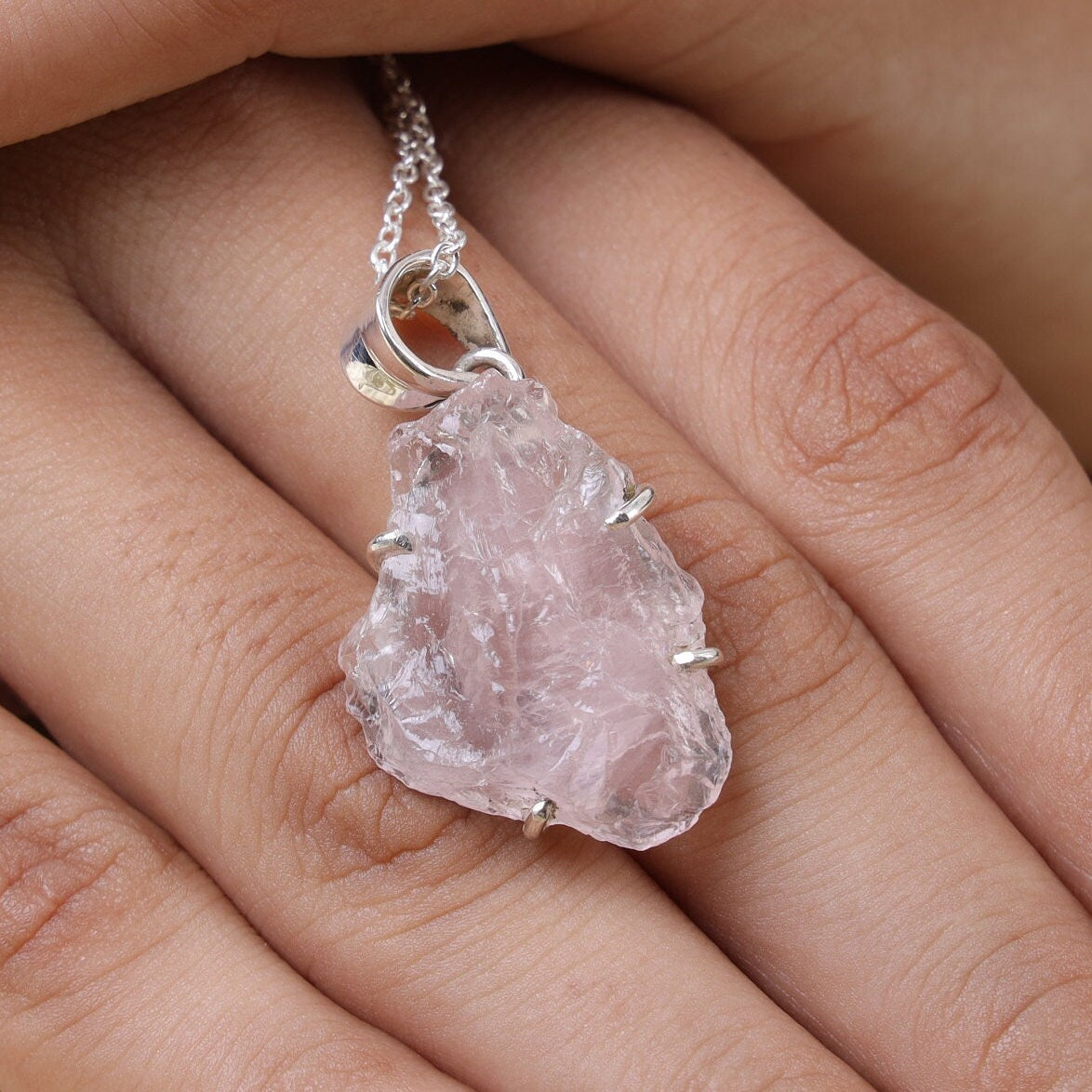 Raw Rose Quartz Pendant, 925 Sterling Silver Pendant, Raw Crystal Necklace, Handmade Pendant, Boho Necklace, January Birthstone Necklace