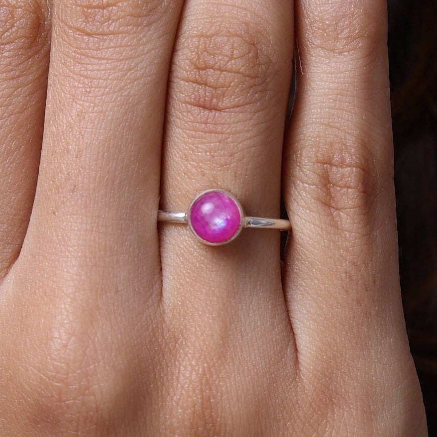 Pink Rainbow Moonstone Sterling Silver Ring