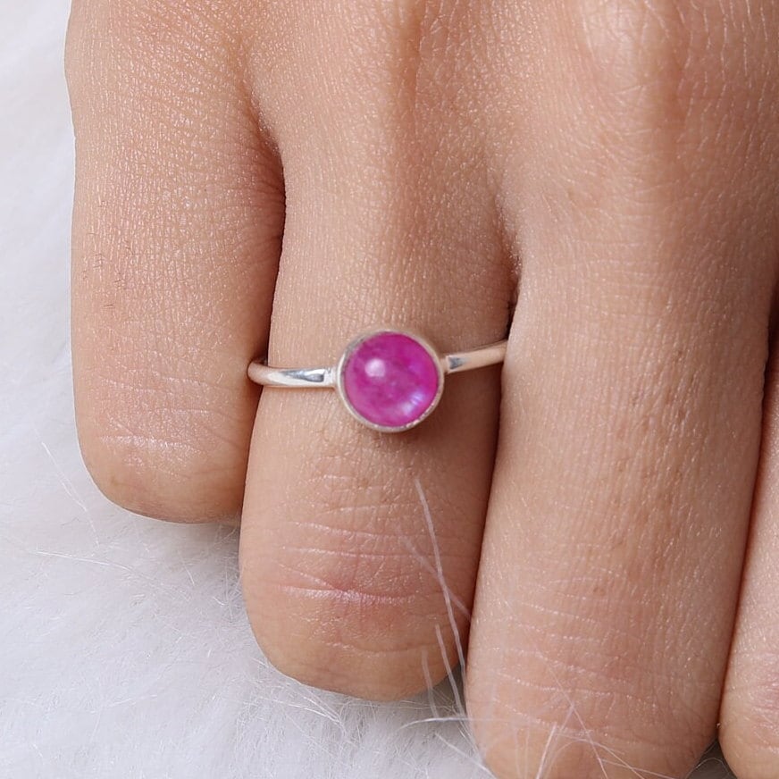 Pink Rainbow Moonstone Sterling Silver Ring