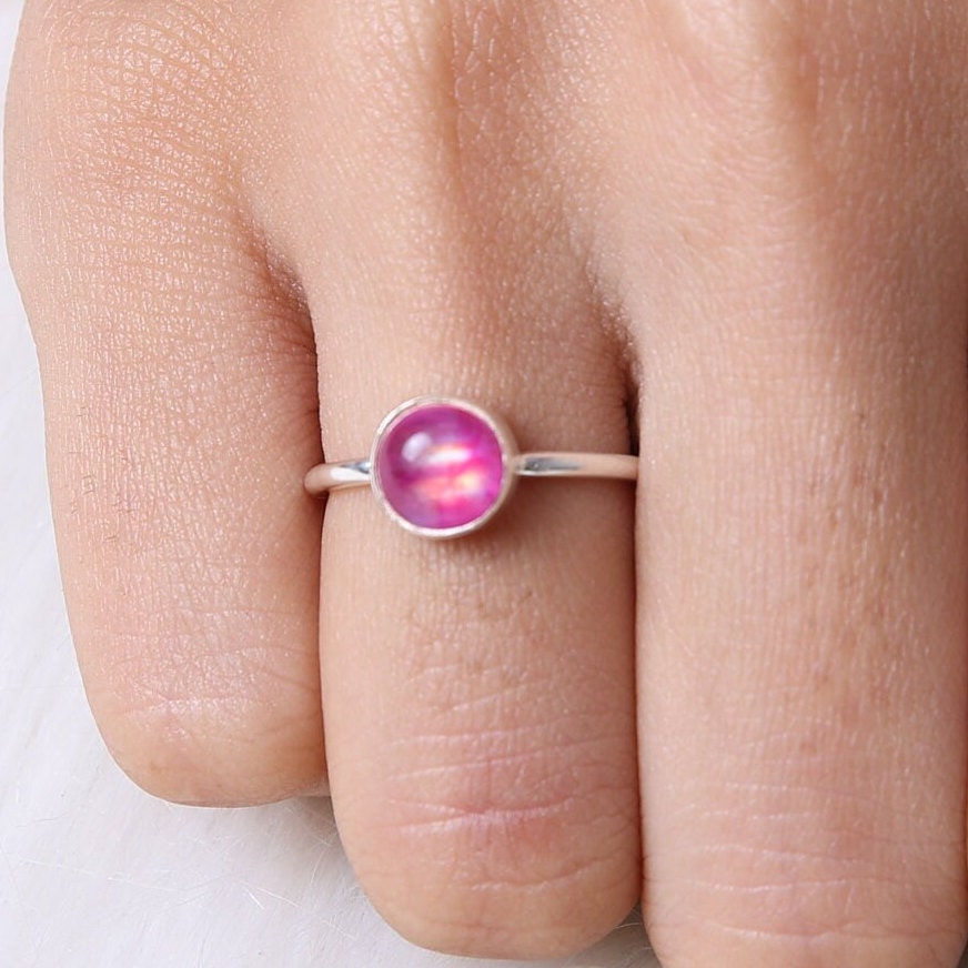 Pink Rainbow Moonstone Sterling Silver Ring