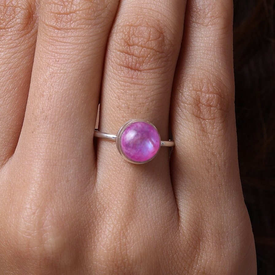 Pink Rainbow Moonstone Sterling Silver Ring