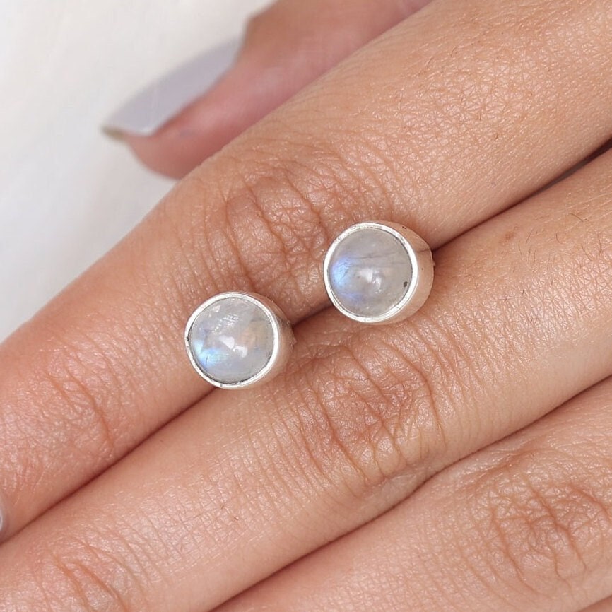 Rainbow Moonstone Sterling Silver Stud Earrings