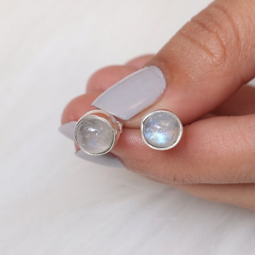 Rainbow Moonstone Sterling Silver Stud Earrings