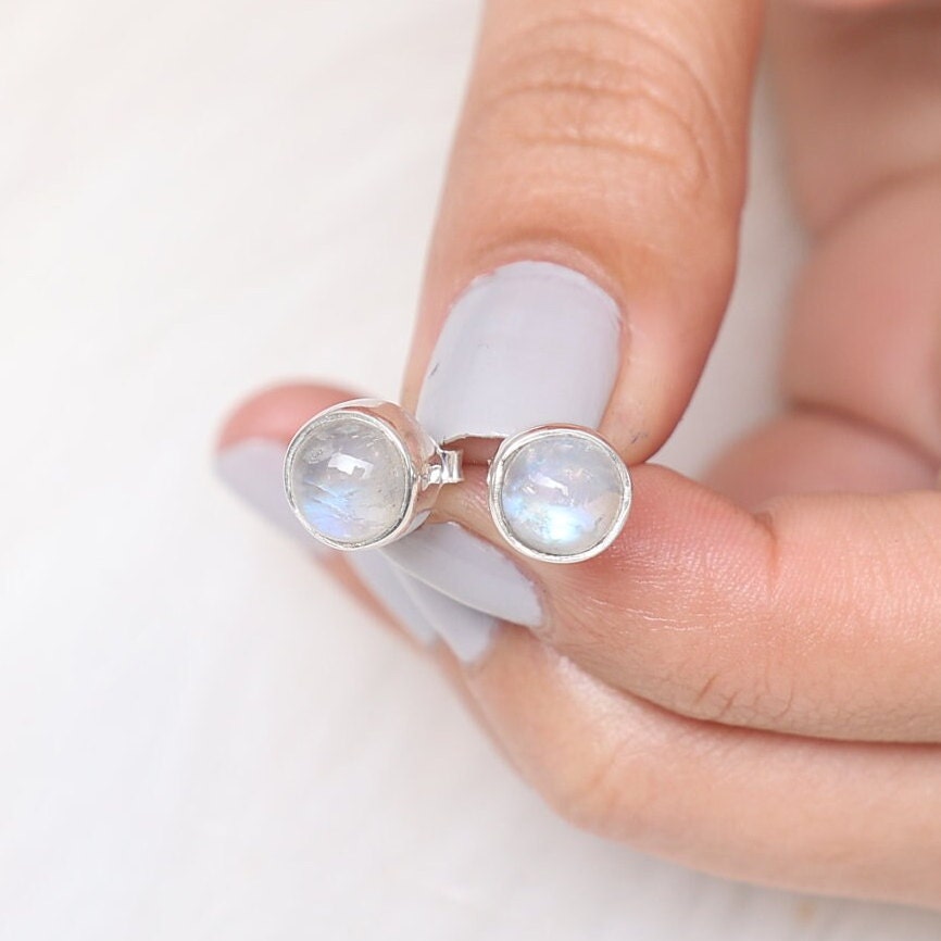 Rainbow Moonstone Sterling Silver Stud Earrings