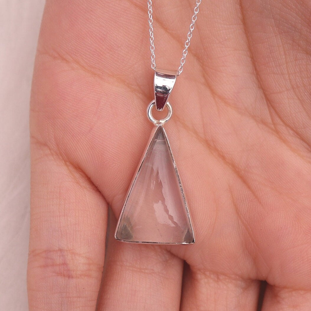 Rose Quartz Pendant, 925 Sterling Silver Pendant, April Birthstone Pendant, Crystal Necklace, Dainty Pendant, Handmade Pendant, Gift for Her