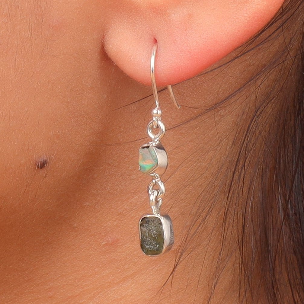 Moldavite & Ethiopian Opal Sterling Silver Earrings