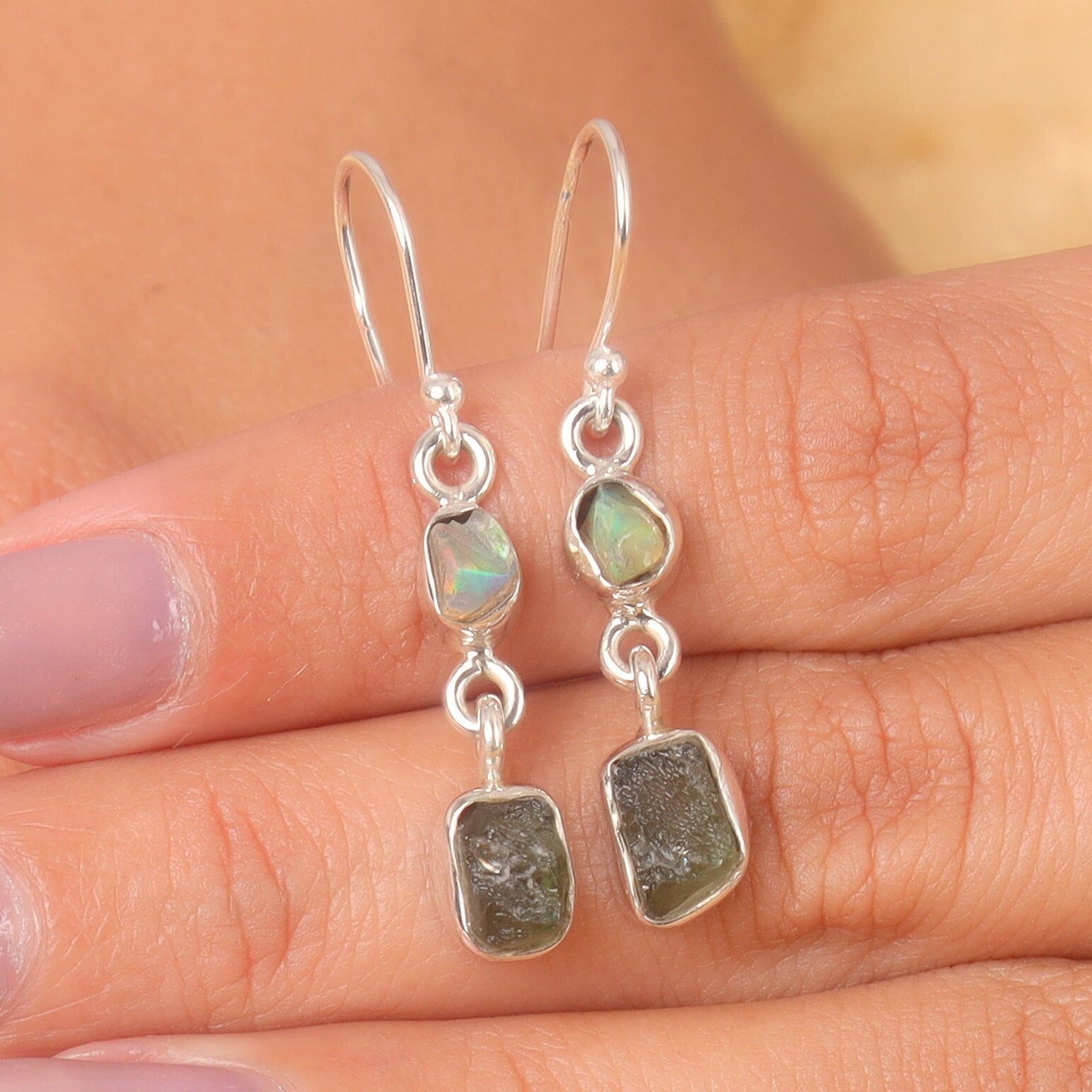 Moldavite & Ethiopian Opal Sterling Silver Earrings