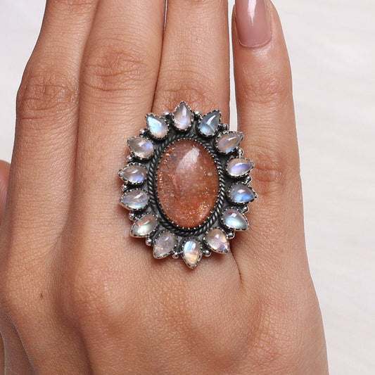 Sunstone & Rainbow Moonstone Sterling Silver Ring